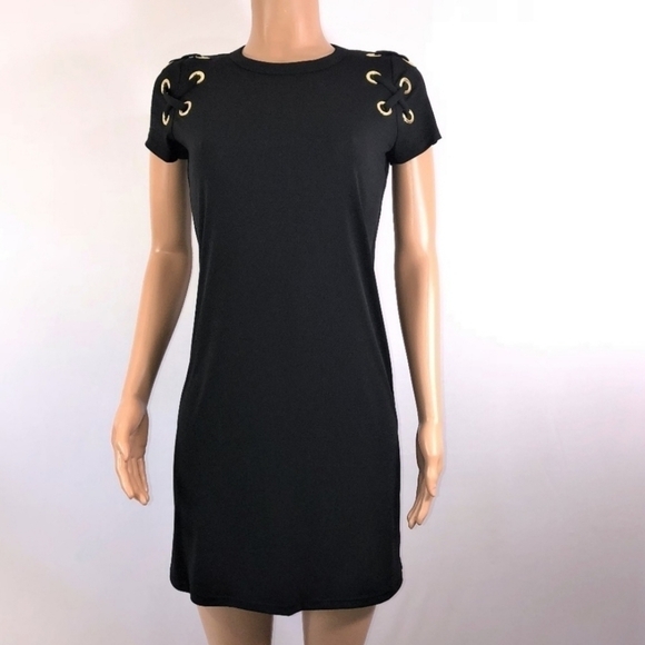 Michael Kors- Black Mini Dress w/ Gold Grommets Minimalist Mod Sz.Medium - Picture 1 of 6